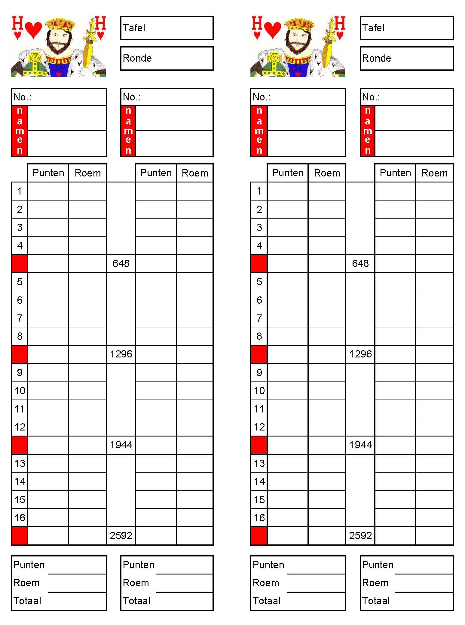 Tellijst 2x 16 Spellen Voor Een Klaverjas Wedstrijd